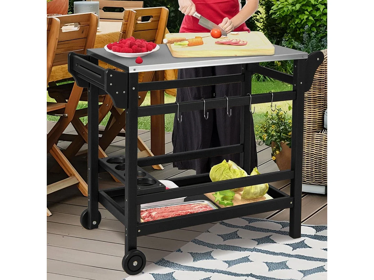 Grillwagen aus HDPE mit Gewürztablett & Weinflaschenregal & Griff & 2 Rollen Grilltisch