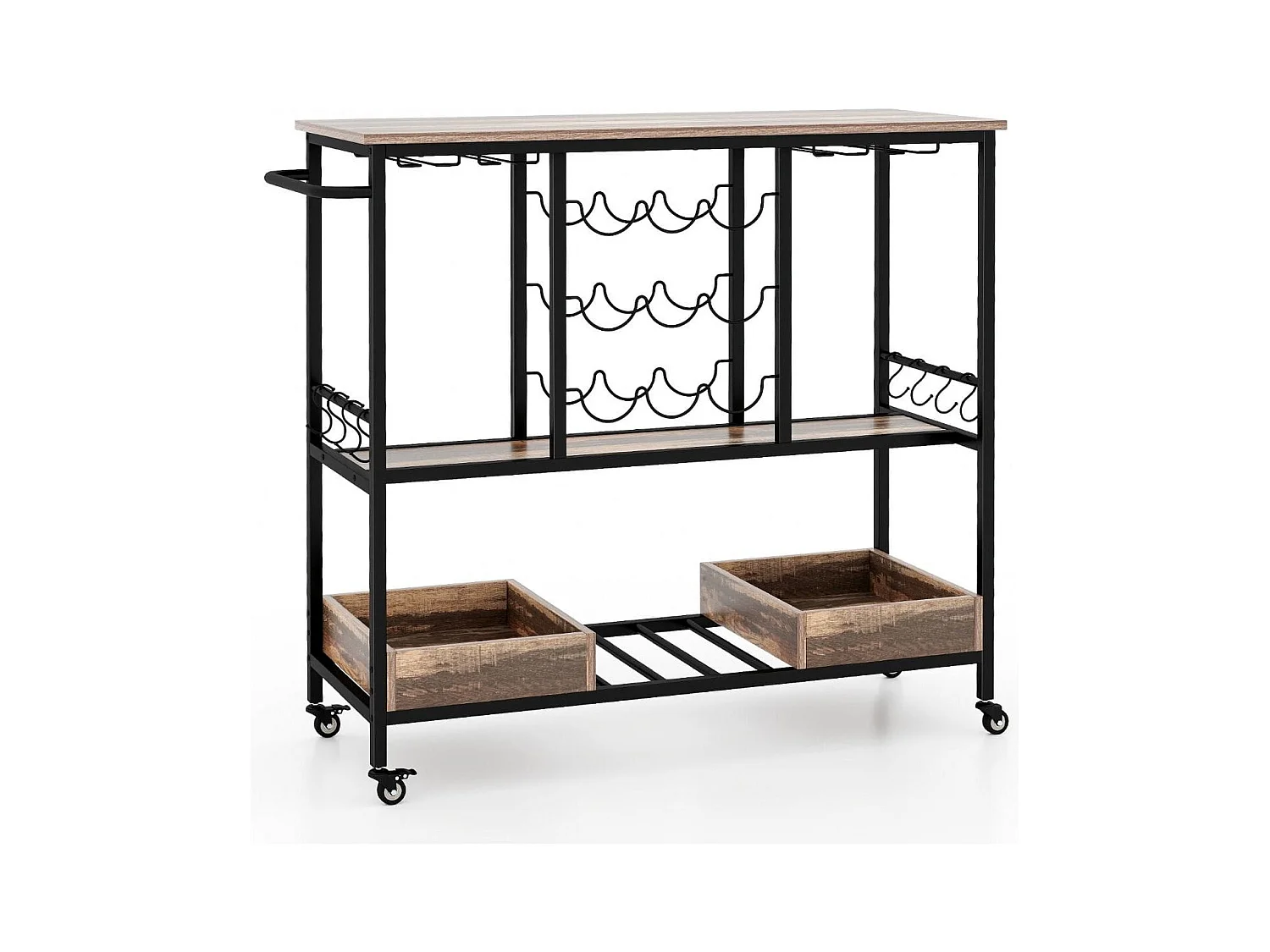 108 x 40 x 91 cm 3-Stöckig Küchenwagen mit Rollen & Glashaltern & Weinregal & Haken Servierwagen Rollwagen Grau