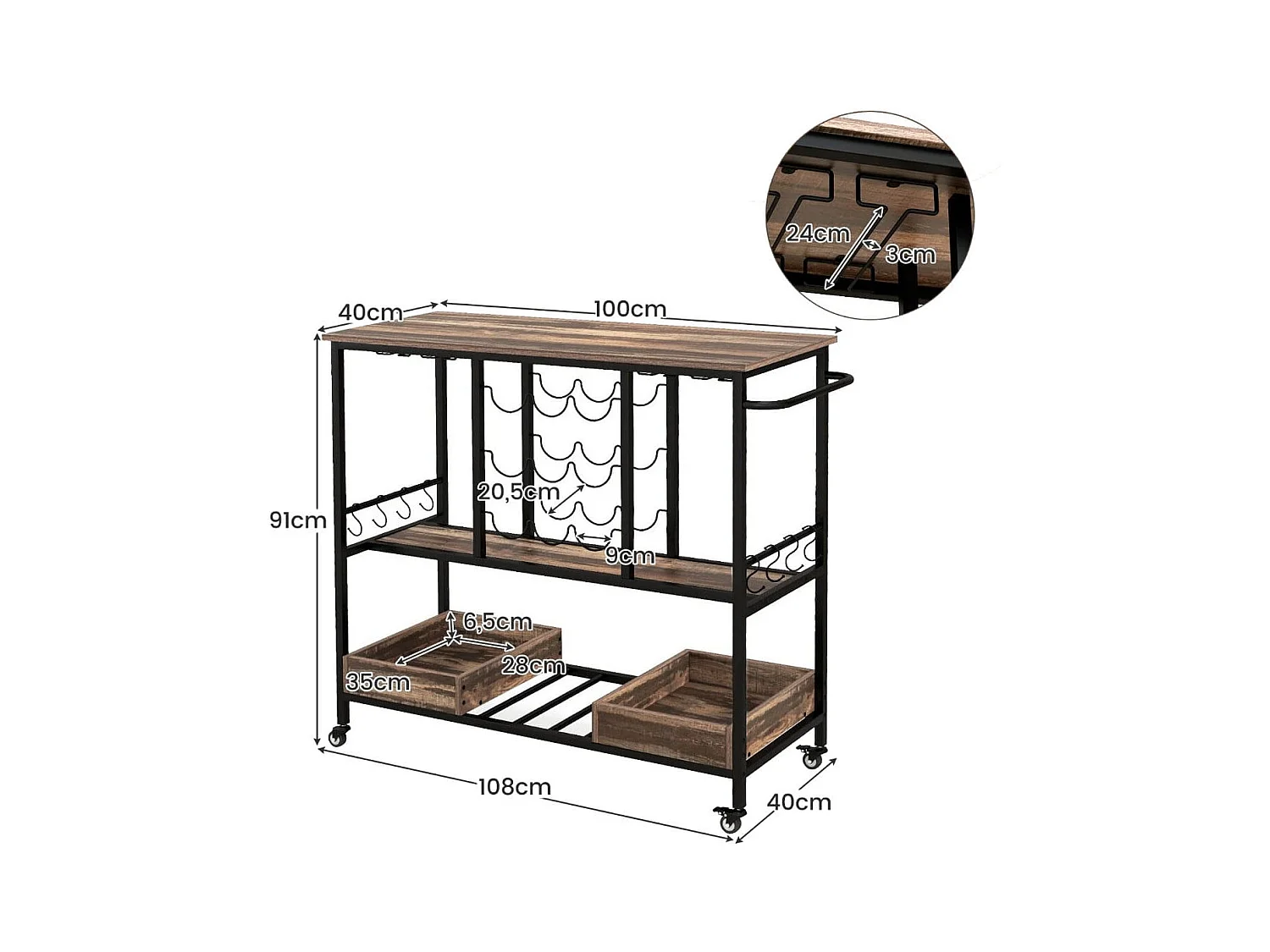 108 x 40 x 91 cm 3-Stöckig Küchenwagen mit Rollen & Glashaltern & Weinregal & Haken Servierwagen Rollwagen Grau