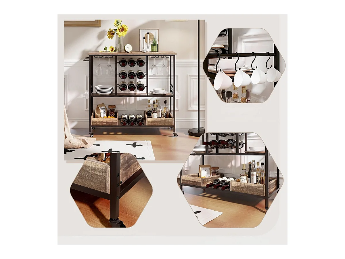 108 x 40 x 91 cm 3-Stöckig Küchenwagen mit Rollen & Glashaltern & Weinregal & Haken Servierwagen Rollwagen Grau