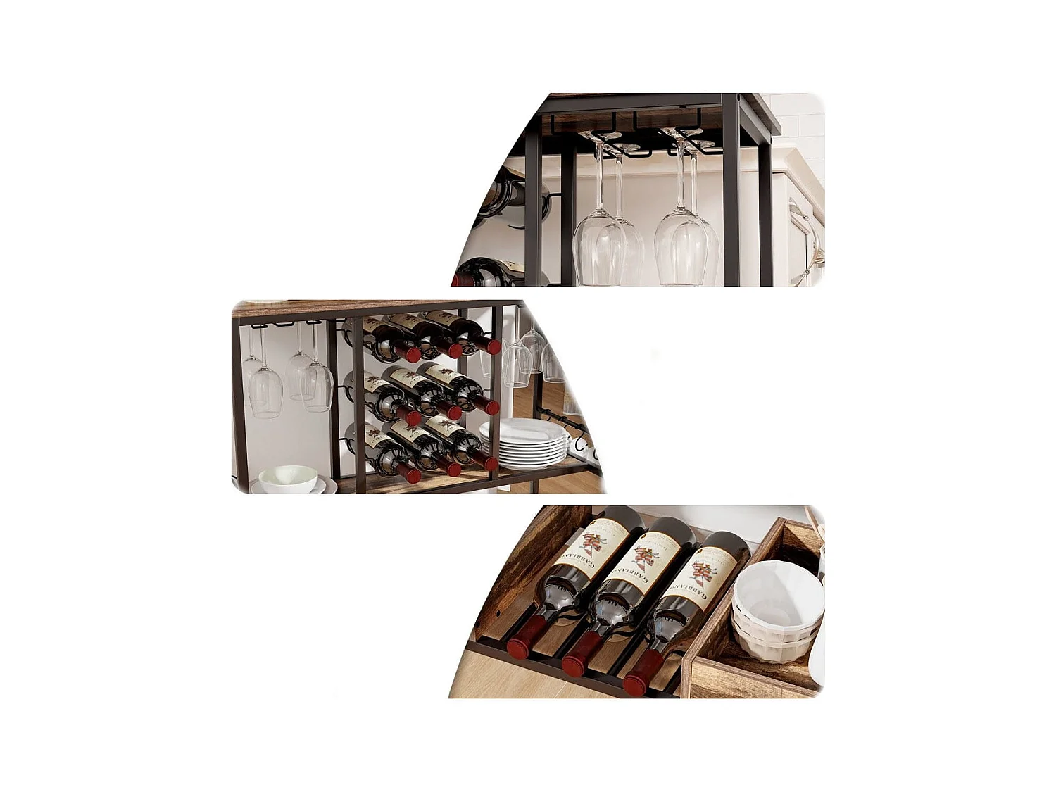 108 x 40 x 91 cm 3-Stöckig Küchenwagen mit Rollen & Glashaltern & Weinregal & Haken Servierwagen Rollwagen Grau