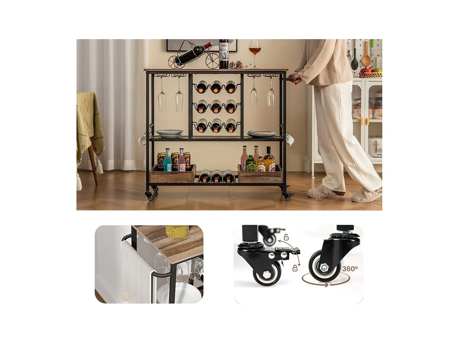 108 x 40 x 91 cm 3-Stöckig Küchenwagen mit Rollen & Glashaltern & Weinregal & Haken Servierwagen Rollwagen Grau