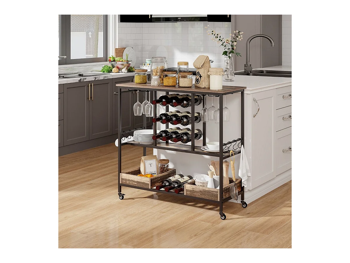 108 x 40 x 91 cm 3-Stöckig Küchenwagen mit Rollen & Glashaltern & Weinregal & Haken Servierwagen Rollwagen Grau