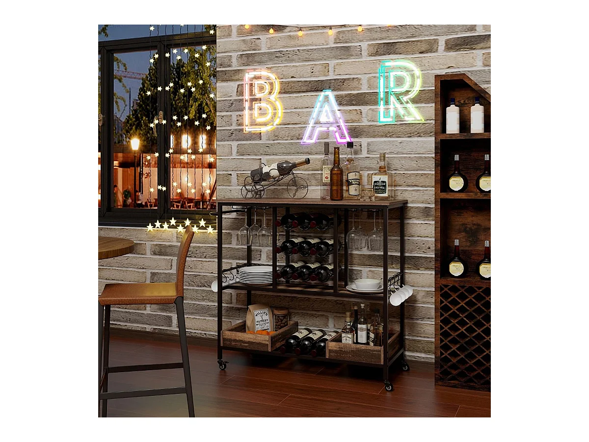 108 x 40 x 91 cm 3-Stöckig Küchenwagen mit Rollen & Glashaltern & Weinregal & Haken Servierwagen Rollwagen Grau