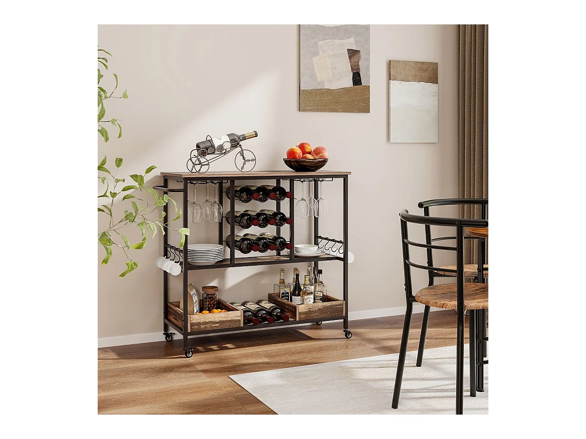 108 x 40 x 91 cm 3-Stöckig Küchenwagen mit Rollen & Glashaltern & Weinregal & Haken Servierwagen Rollwagen Grau