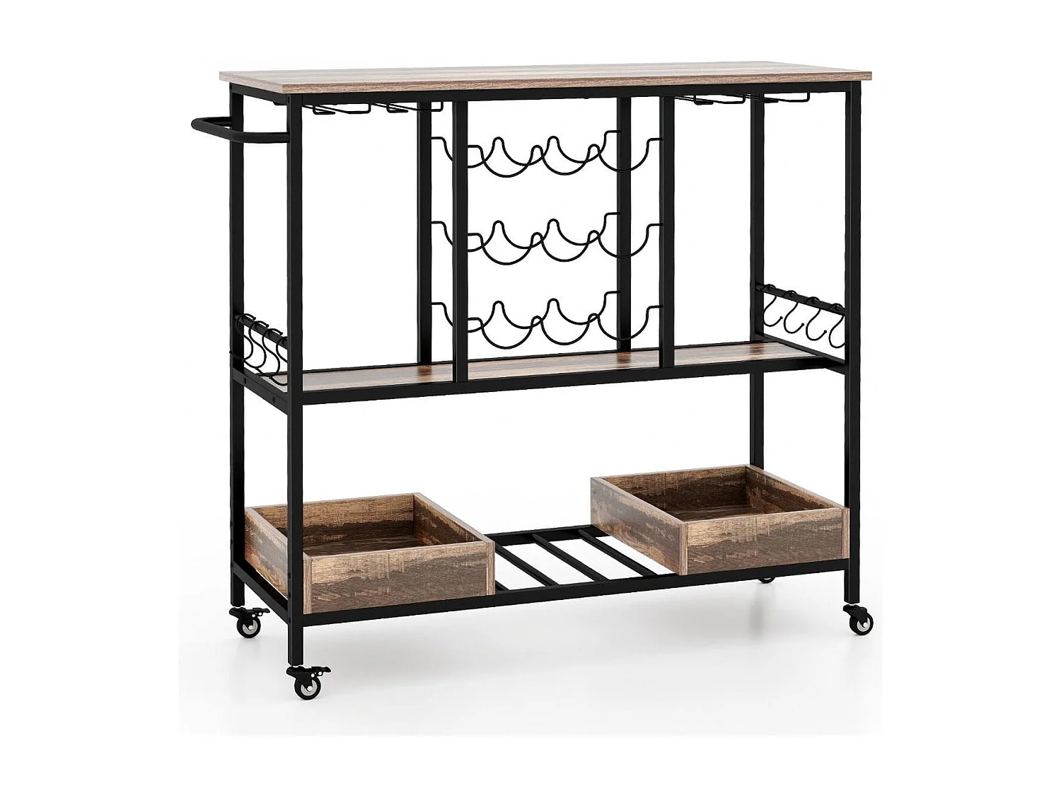 108 x 40 x 91 cm 3-Stöckig Küchenwagen mit Rollen & Glashaltern & Weinregal & Haken Servierwagen Rollwagen Grau