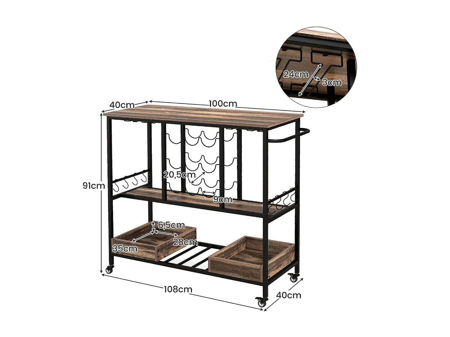 108 x 40 x 91 cm 3-Stöckig Küchenwagen mit Rollen & Glashaltern & Weinregal & Haken Servierwagen Rollwagen Grau