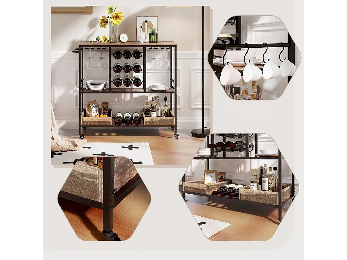 108 x 40 x 91 cm 3-Stöckig Küchenwagen mit Rollen & Glashaltern & Weinregal & Haken Servierwagen Rollwagen Grau