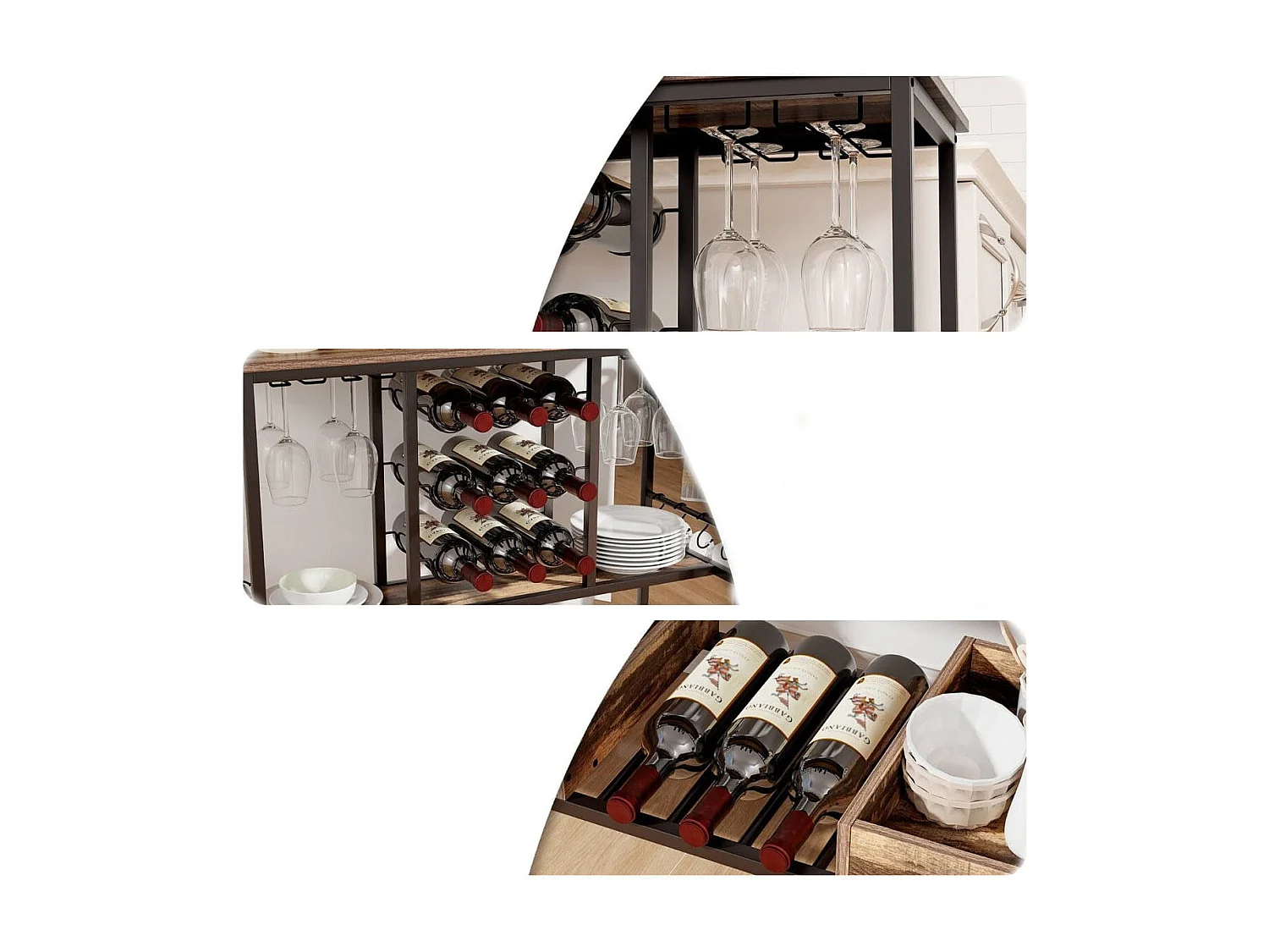 108 x 40 x 91 cm 3-Stöckig Küchenwagen mit Rollen & Glashaltern & Weinregal & Haken Servierwagen Rollwagen Grau