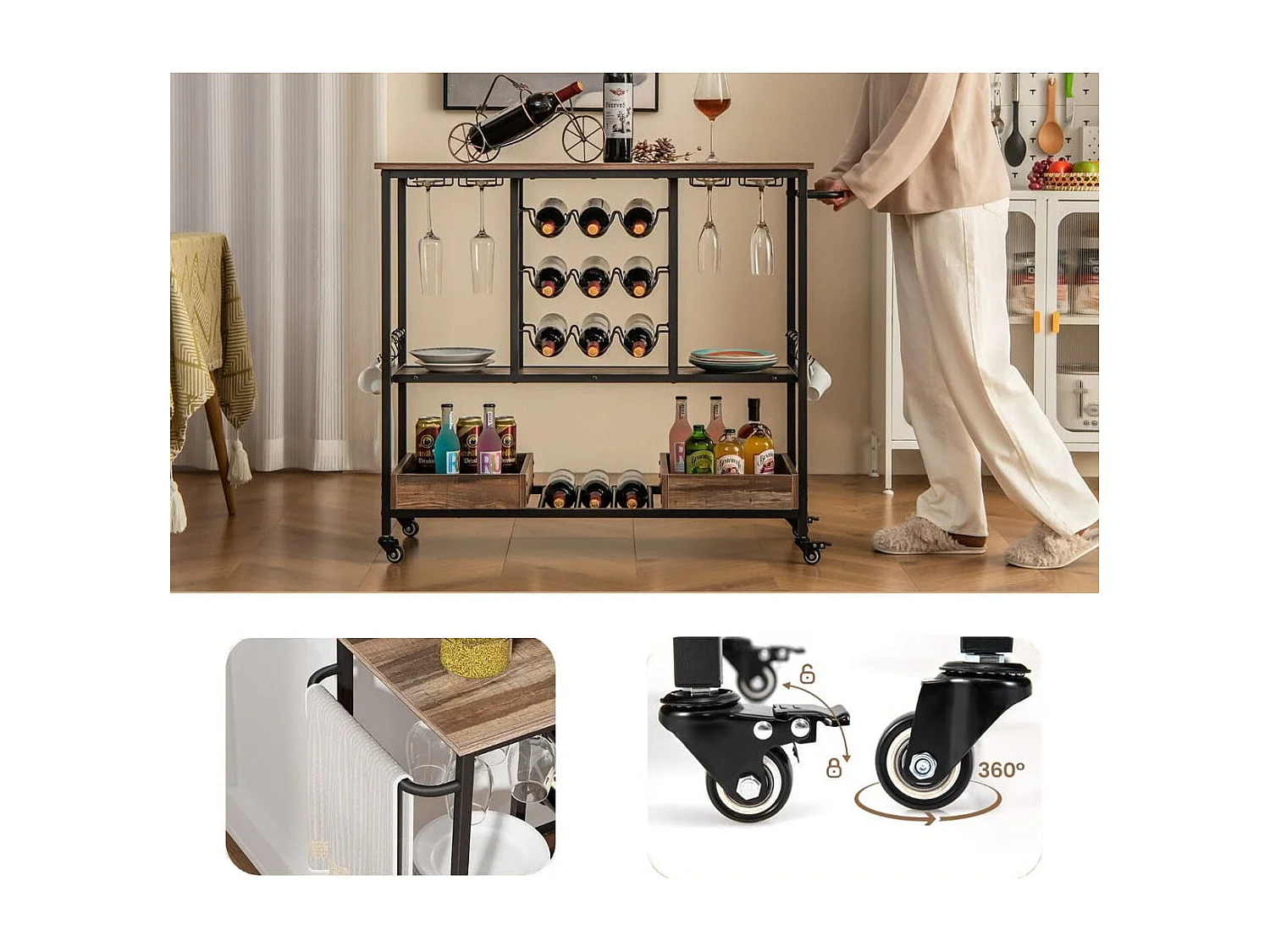 108 x 40 x 91 cm 3-Stöckig Küchenwagen mit Rollen & Glashaltern & Weinregal & Haken Servierwagen Rollwagen Grau