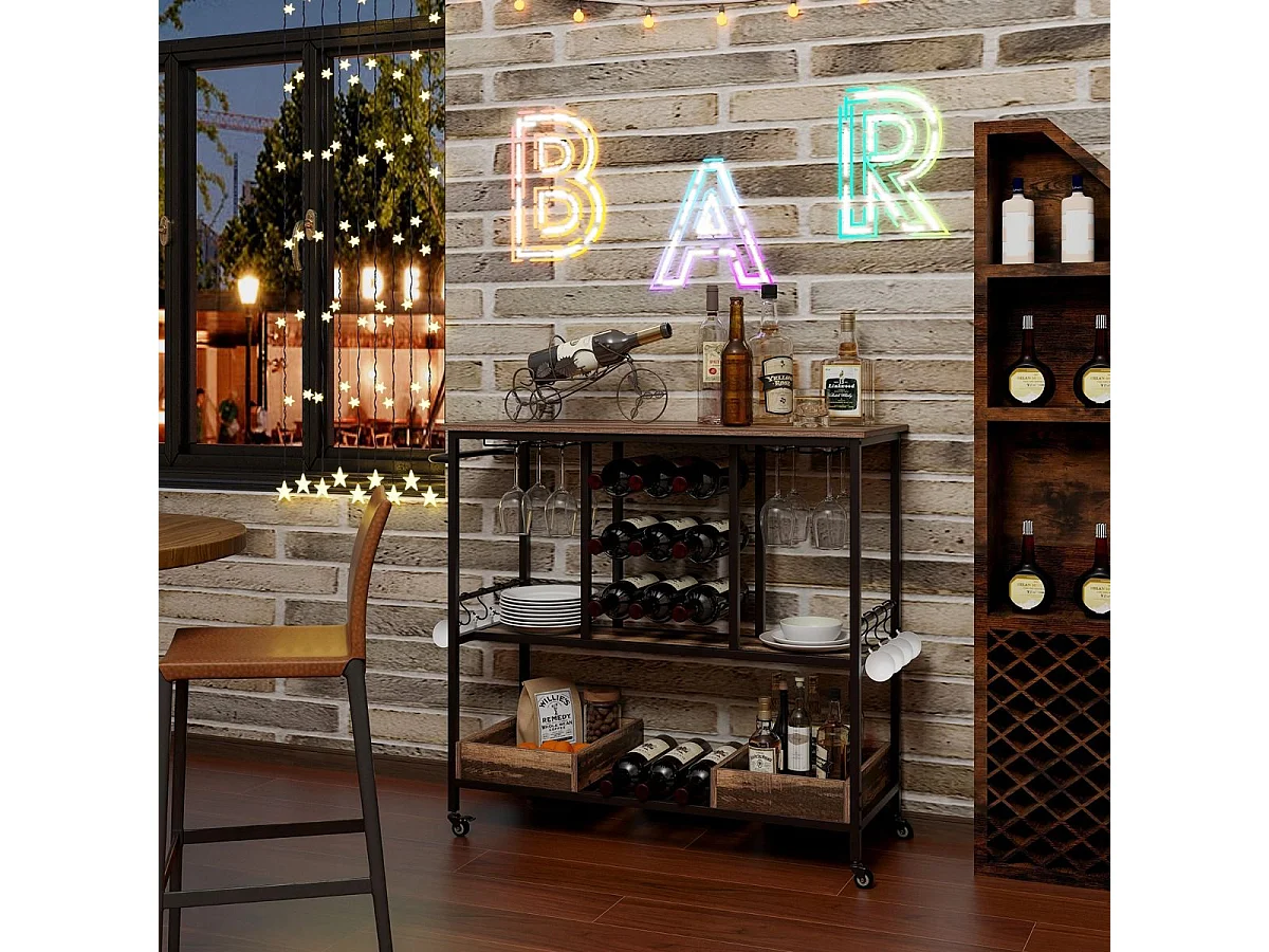 108 x 40 x 91 cm 3-Stöckig Küchenwagen mit Rollen & Glashaltern & Weinregal & Haken Servierwagen Rollwagen Grau