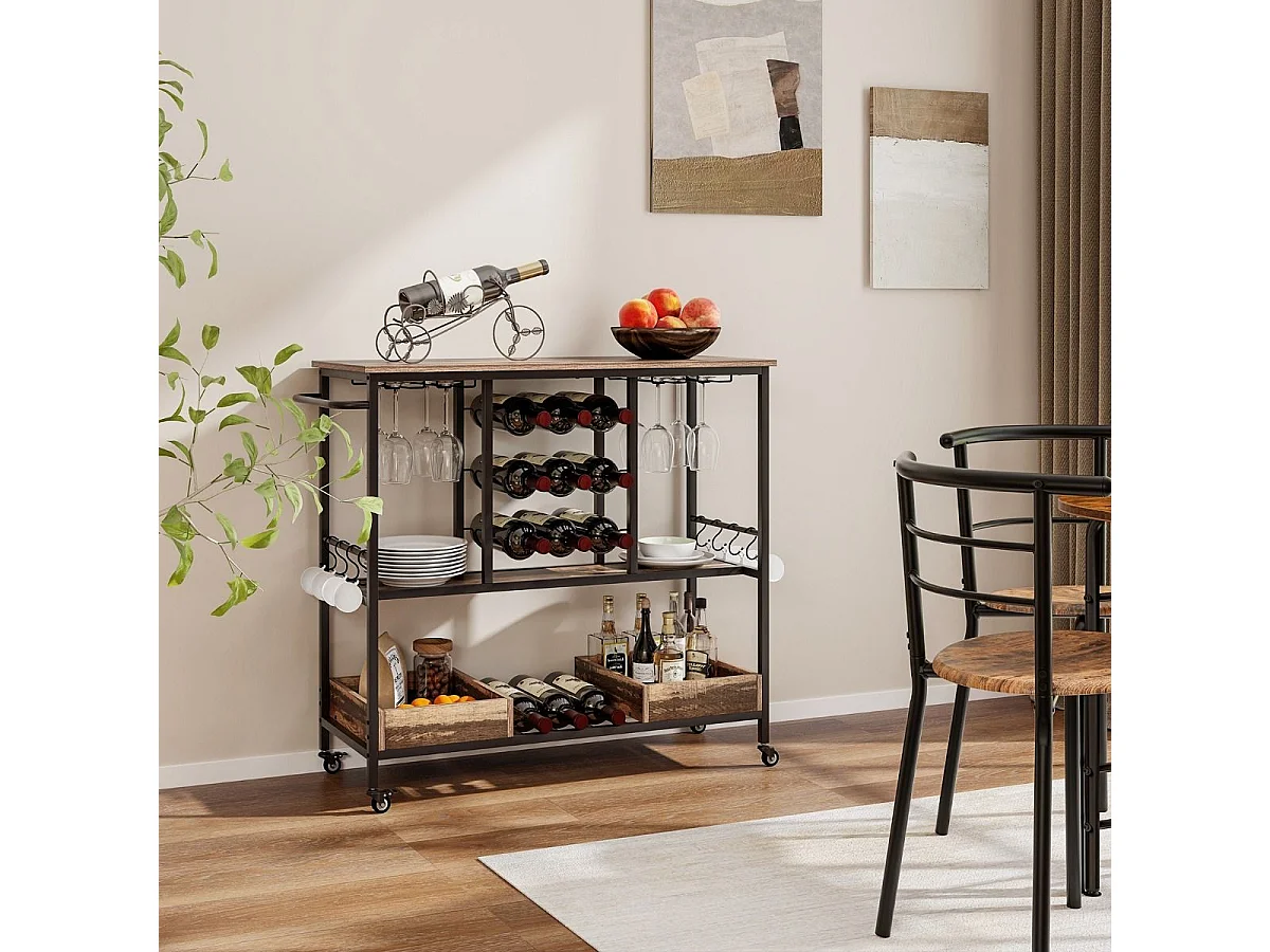108 x 40 x 91 cm 3-Stöckig Küchenwagen mit Rollen & Glashaltern & Weinregal & Haken Servierwagen Rollwagen Grau