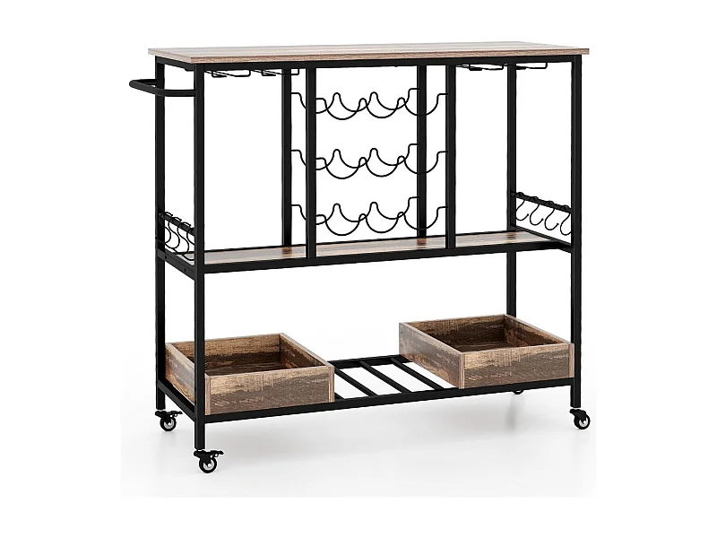 Carrello bar a 3 livelli con portabicchieri in vetro ganci e scatole, Carrello portabevande per la casa Grigio