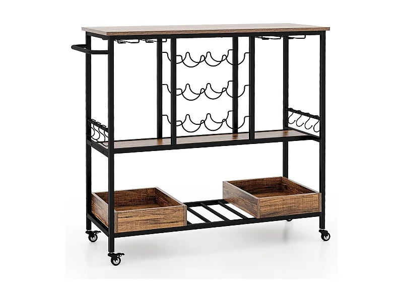 108 x 40 x 91 cm 3-Stöckig Küchenwagen mit Rollen & Glashaltern & Weinregal & Haken Servierwagen Rollwagen Braun