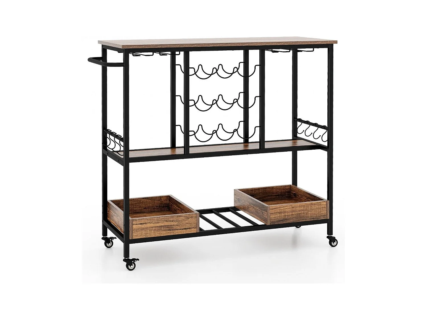 108 x 40 x 91 cm 3-Stöckig Küchenwagen mit Rollen & Glashaltern & Weinregal & Haken Servierwagen Rollwagen Braun