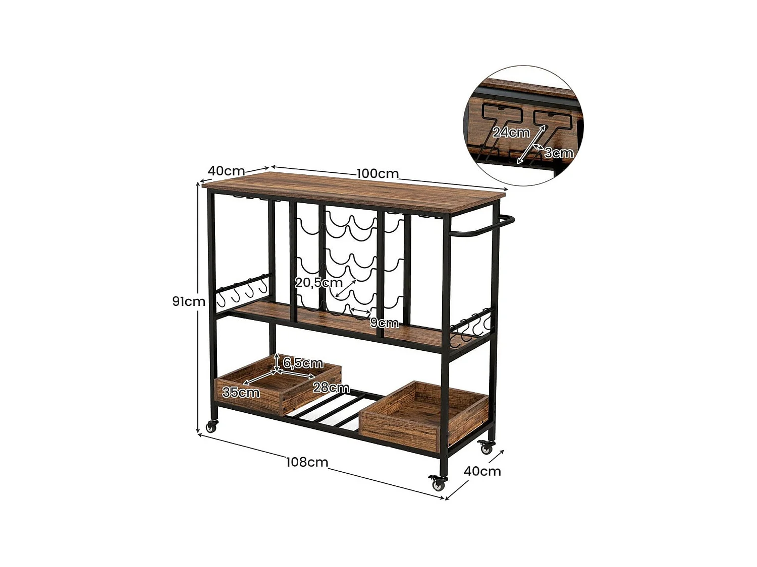 108 x 40 x 91 cm 3-Stöckig Küchenwagen mit Rollen & Glashaltern & Weinregal & Haken Servierwagen Rollwagen Braun