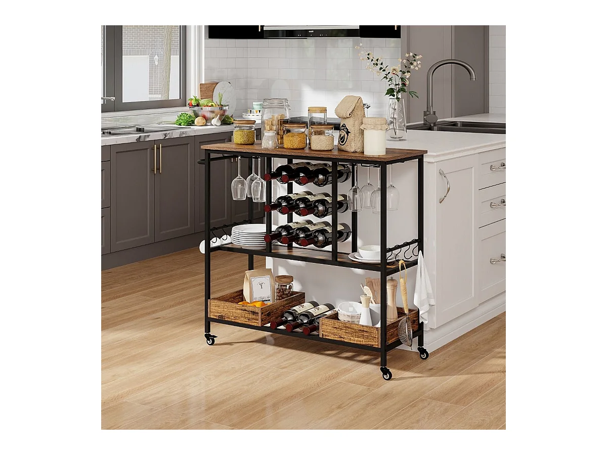 108 x 40 x 91 cm 3-Stöckig Küchenwagen mit Rollen & Glashaltern & Weinregal & Haken Servierwagen Rollwagen Braun
