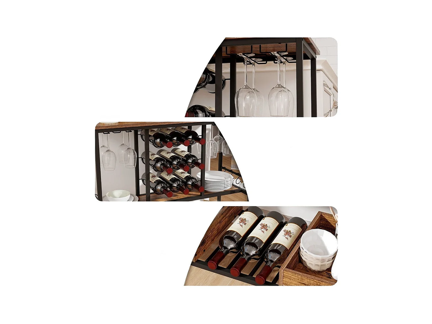 108 x 40 x 91 cm 3-Stöckig Küchenwagen mit Rollen & Glashaltern & Weinregal & Haken Servierwagen Rollwagen Braun