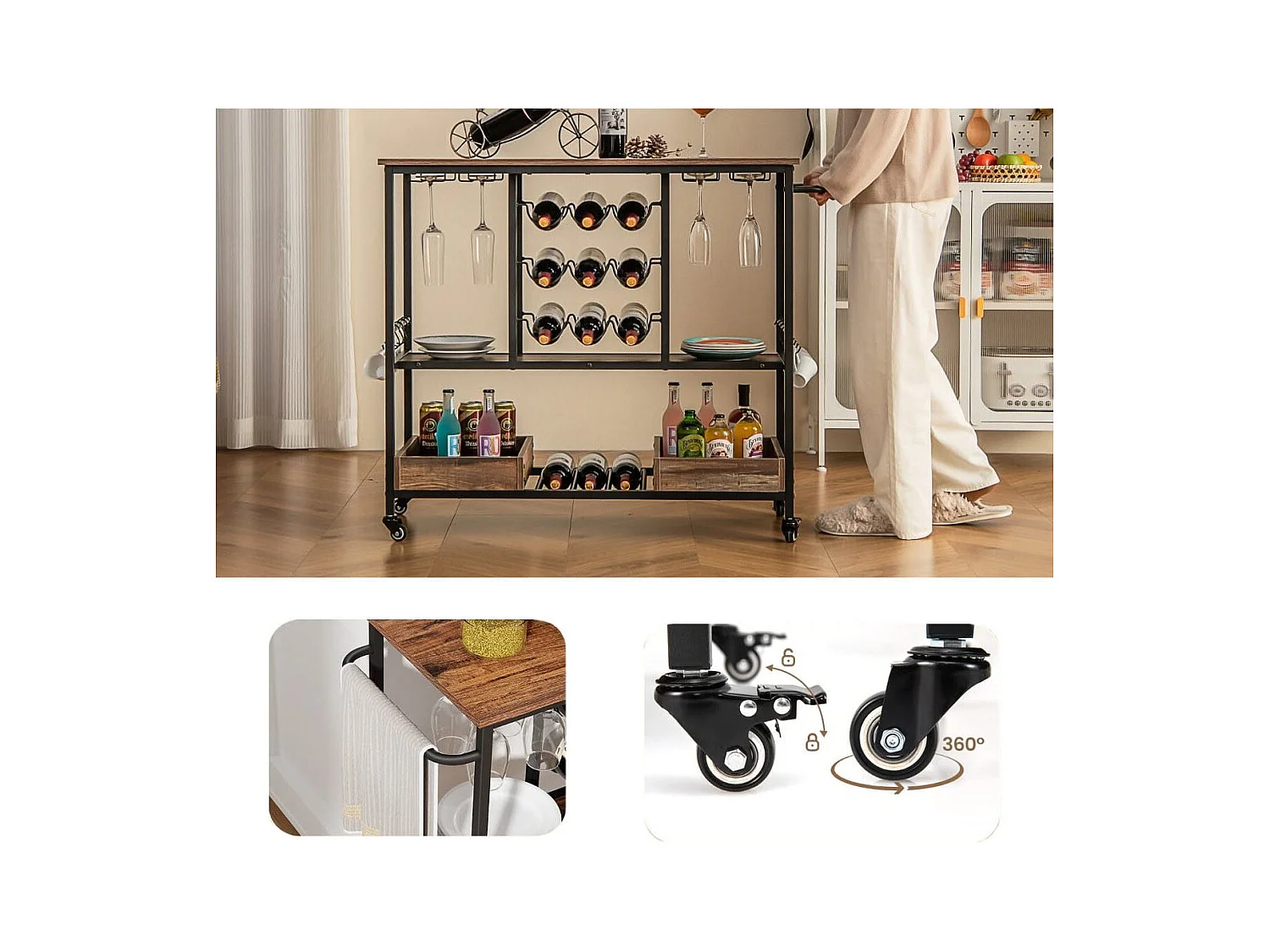 108 x 40 x 91 cm 3-Stöckig Küchenwagen mit Rollen & Glashaltern & Weinregal & Haken Servierwagen Rollwagen Braun