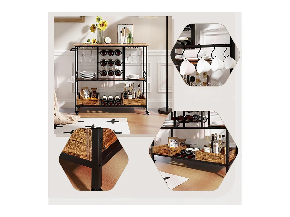 108 x 40 x 91 cm 3-Stöckig Küchenwagen mit Rollen & Glashaltern & Weinregal & Haken Servierwagen Rollwagen Braun