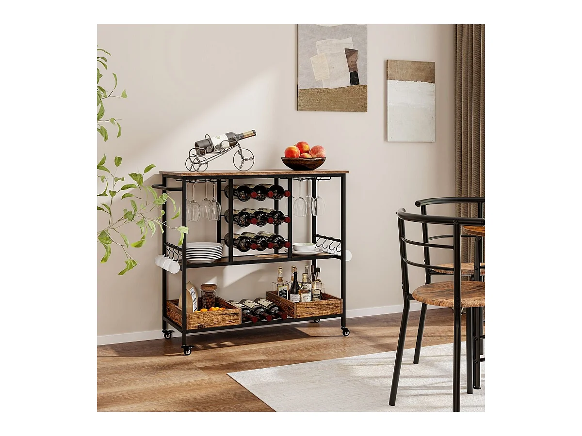 108 x 40 x 91 cm 3-Stöckig Küchenwagen mit Rollen & Glashaltern & Weinregal & Haken Servierwagen Rollwagen Braun