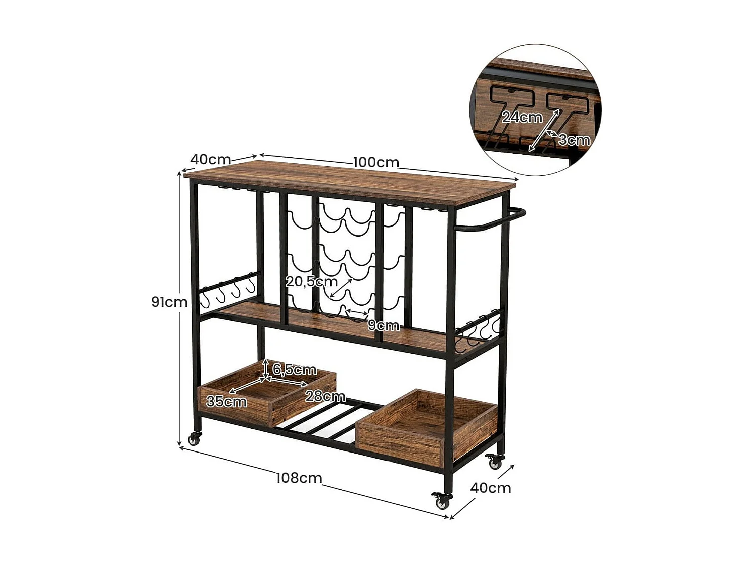 Carrello bar a 3 livelli con portabicchieri in vetro ganci e scatole, Carrello portabevande per la casa Marrone