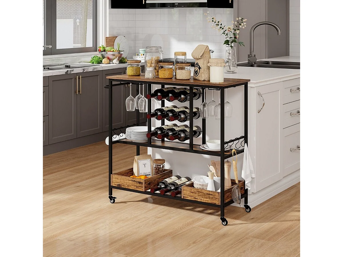 Carrello bar a 3 livelli con portabicchieri in vetro ganci e scatole, Carrello portabevande per la casa Marrone