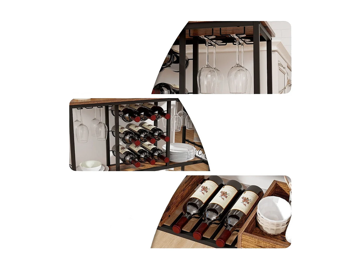 Carrello bar a 3 livelli con portabicchieri in vetro ganci e scatole, Carrello portabevande per la casa Marrone