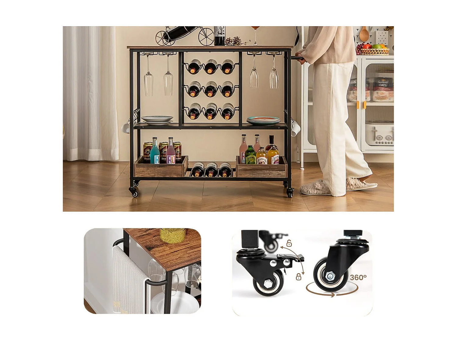 Carrello bar a 3 livelli con portabicchieri in vetro ganci e scatole, Carrello portabevande per la casa Marrone