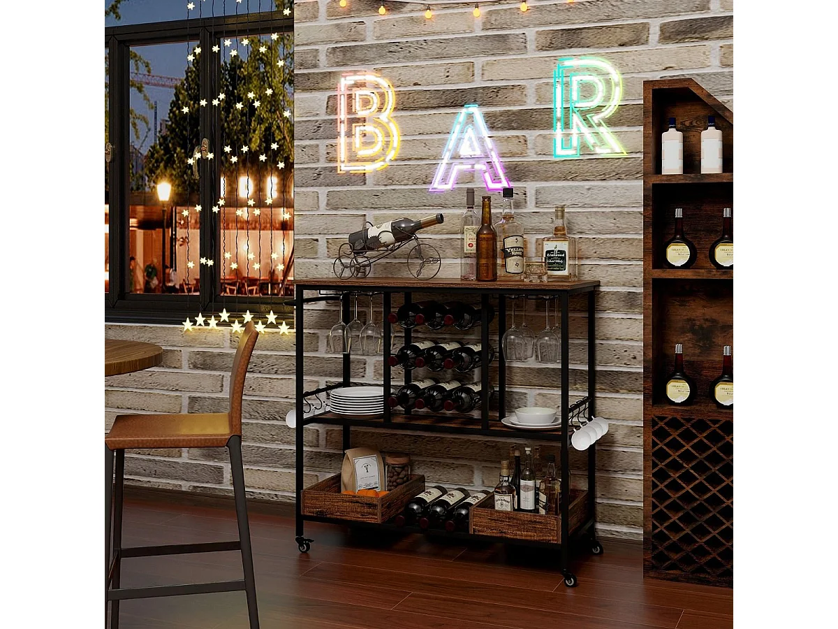 Carrello bar a 3 livelli con portabicchieri in vetro ganci e scatole, Carrello portabevande per la casa Marrone