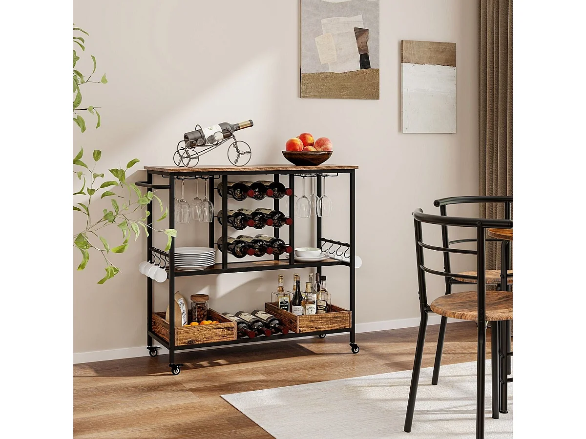 Carrello bar a 3 livelli con portabicchieri in vetro ganci e scatole, Carrello portabevande per la casa Marrone