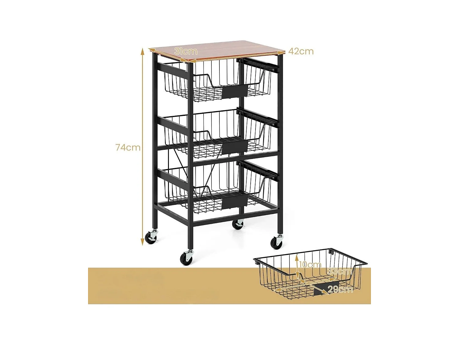 Servierwagen mit Rollen Gemüseregal mit ausziehbaren Körben Rollwagen mit 4 Etagen 42 x 31 x 74 cm