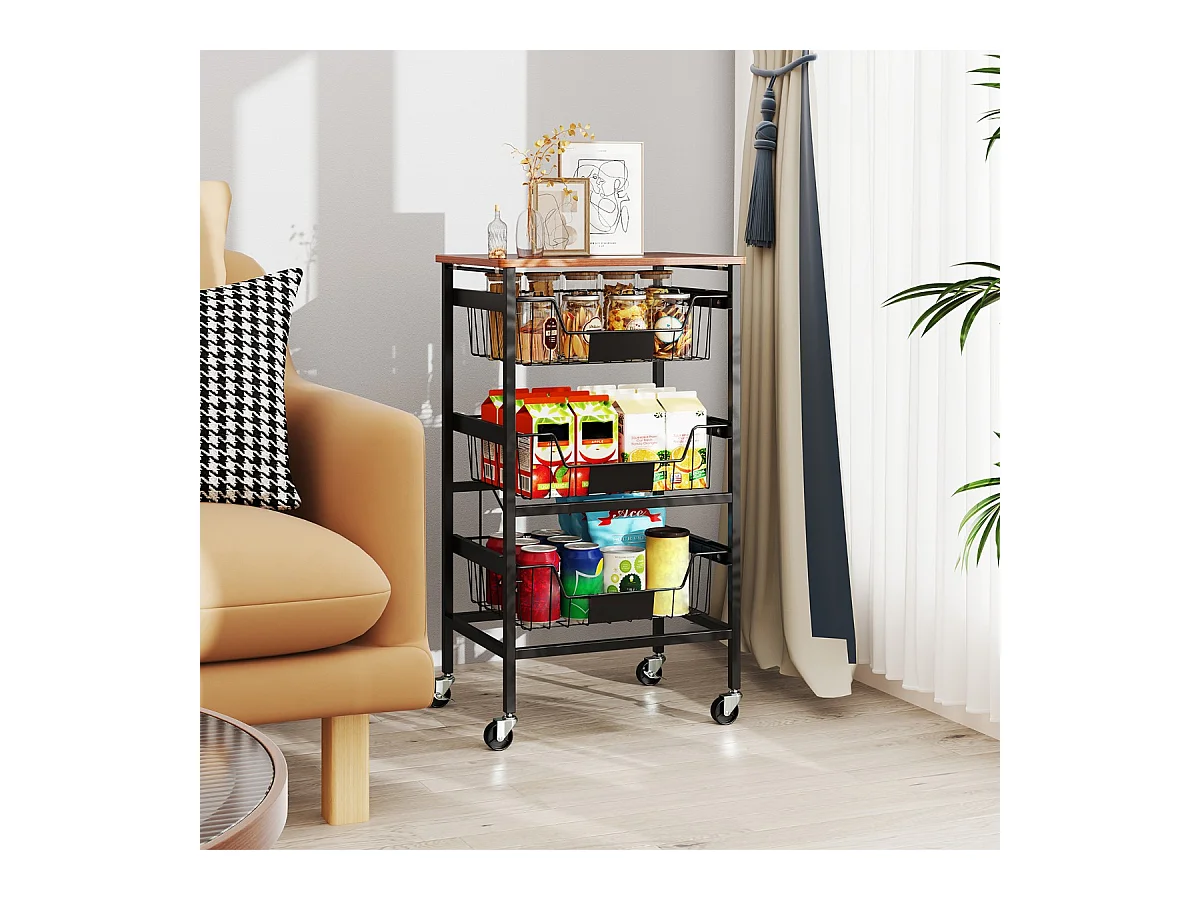 Servierwagen mit Rollen Gemüseregal mit ausziehbaren Körben Rollwagen mit 4 Etagen 42 x 31 x 74 cm
