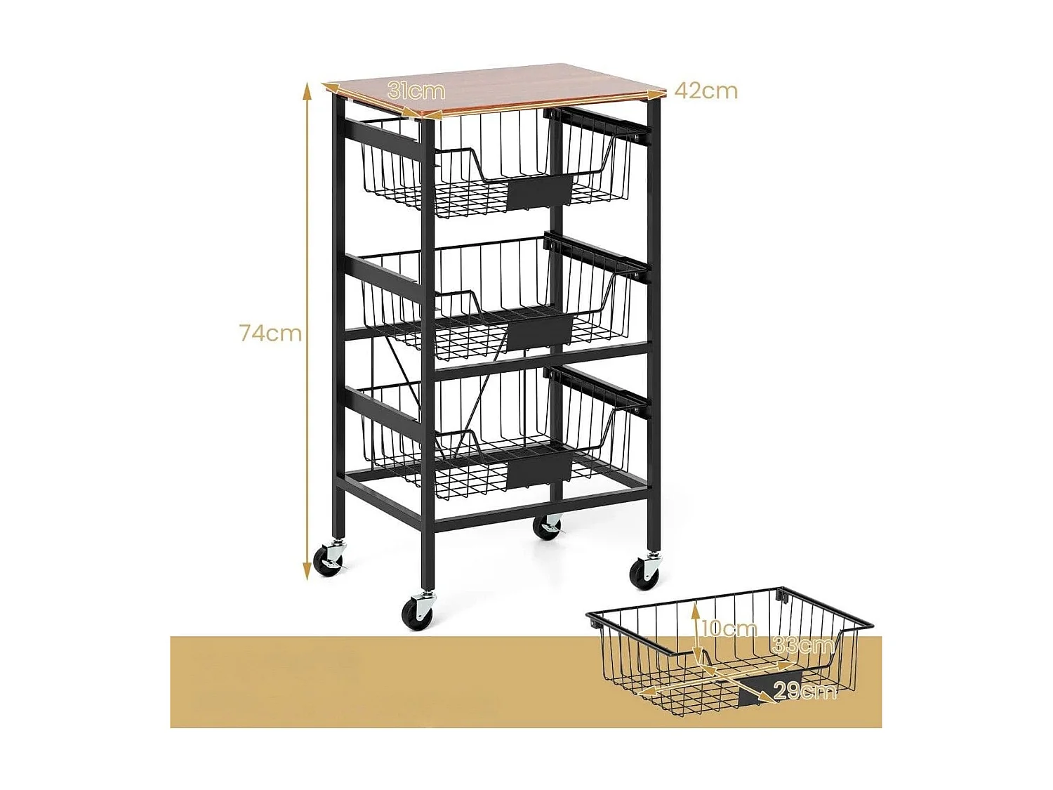 Servierwagen mit Rollen Gemüseregal mit ausziehbaren Körben Rollwagen mit 4 Etagen 42 x 31 x 74 cm