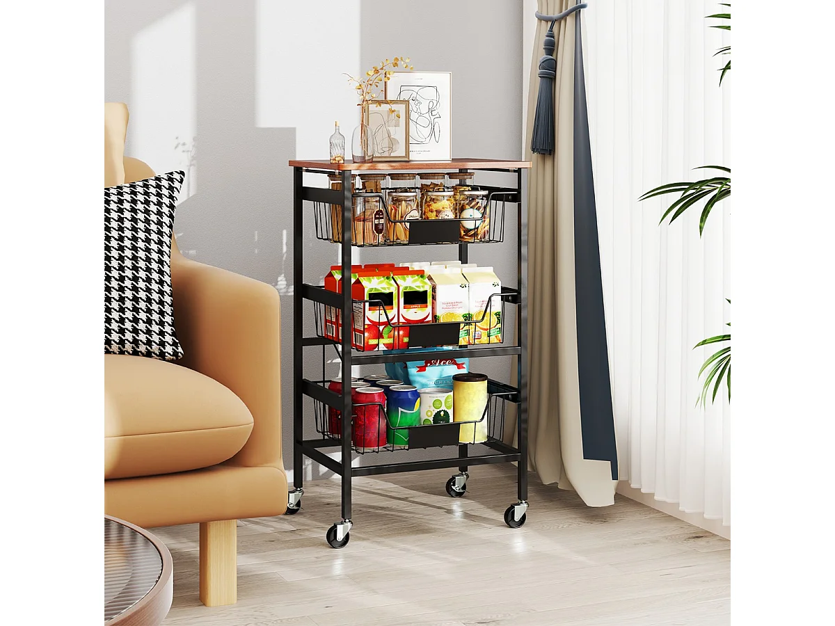 Servierwagen mit Rollen Gemüseregal mit ausziehbaren Körben Rollwagen mit 4 Etagen 42 x 31 x 74 cm