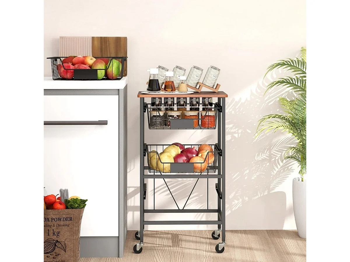 Servierwagen mit Rollen Gemüseregal mit ausziehbaren Körben Rollwagen mit 4 Etagen 42 x 31 x 74 cm