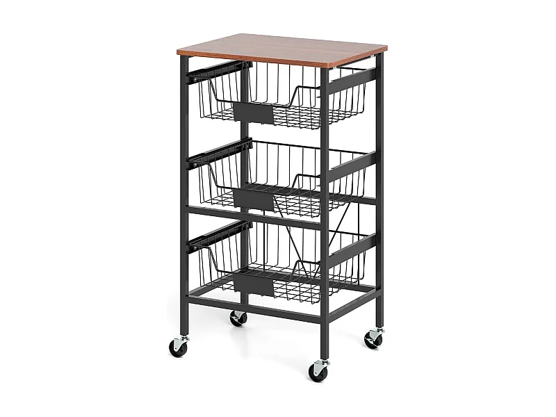 Carrello da cucina a 4 piani con piano in legno, Carrello porta spuntini con cestini estraibili e etichette DIY