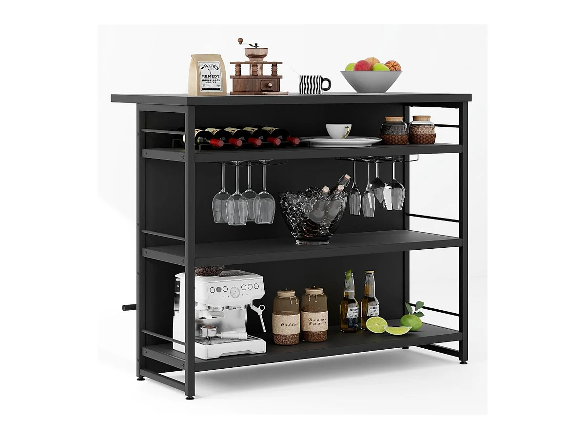 Isola cucina stile industriale con 3 ripiani aperti portabottiglie e porta calici, Mobile bar con poggiapiedi Nero