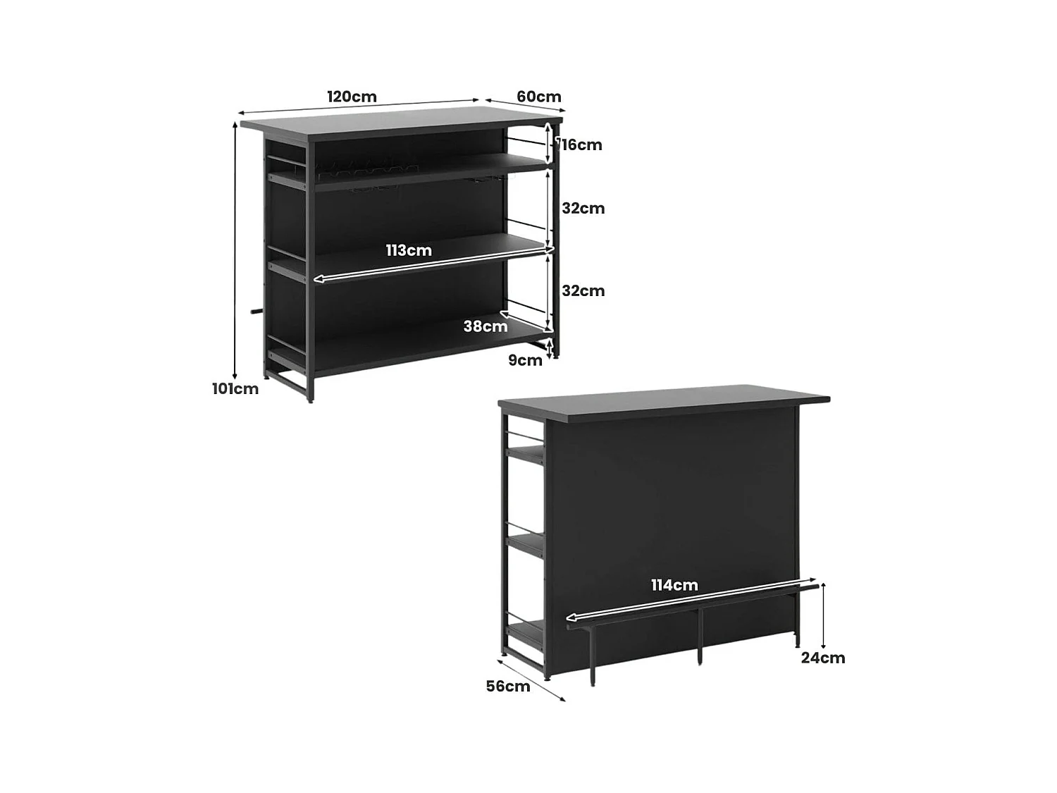 Isola cucina stile industriale con 3 ripiani aperti portabottiglie e porta calici, Mobile bar con poggiapiedi Nero