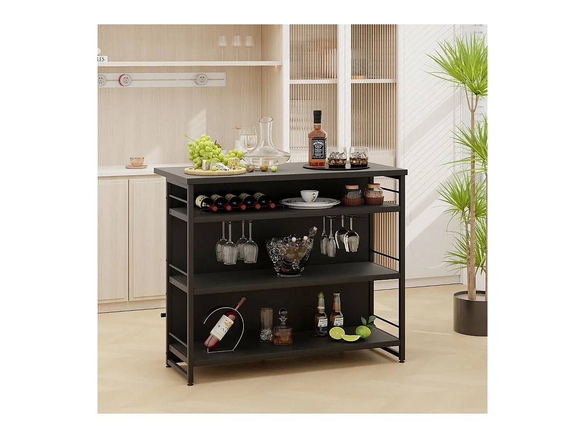 Isola cucina stile industriale con 3 ripiani aperti portabottiglie e porta calici, Mobile bar con poggiapiedi Nero