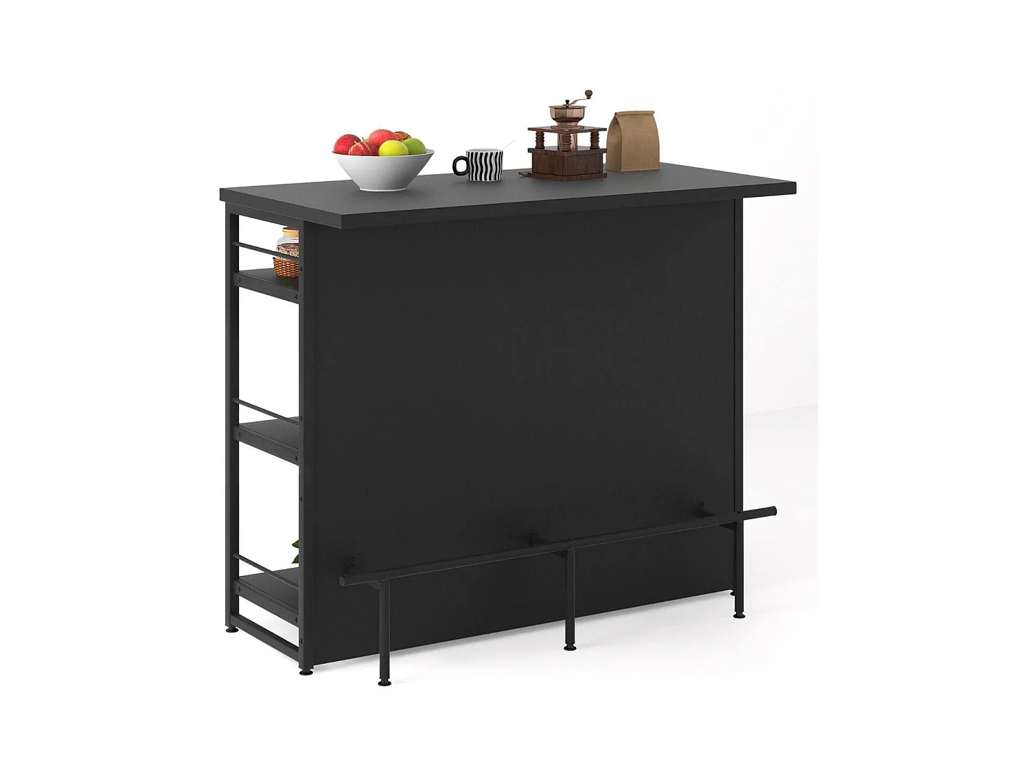 Isola cucina stile industriale con 3 ripiani aperti portabottiglie e porta calici, Mobile bar con poggiapiedi Nero