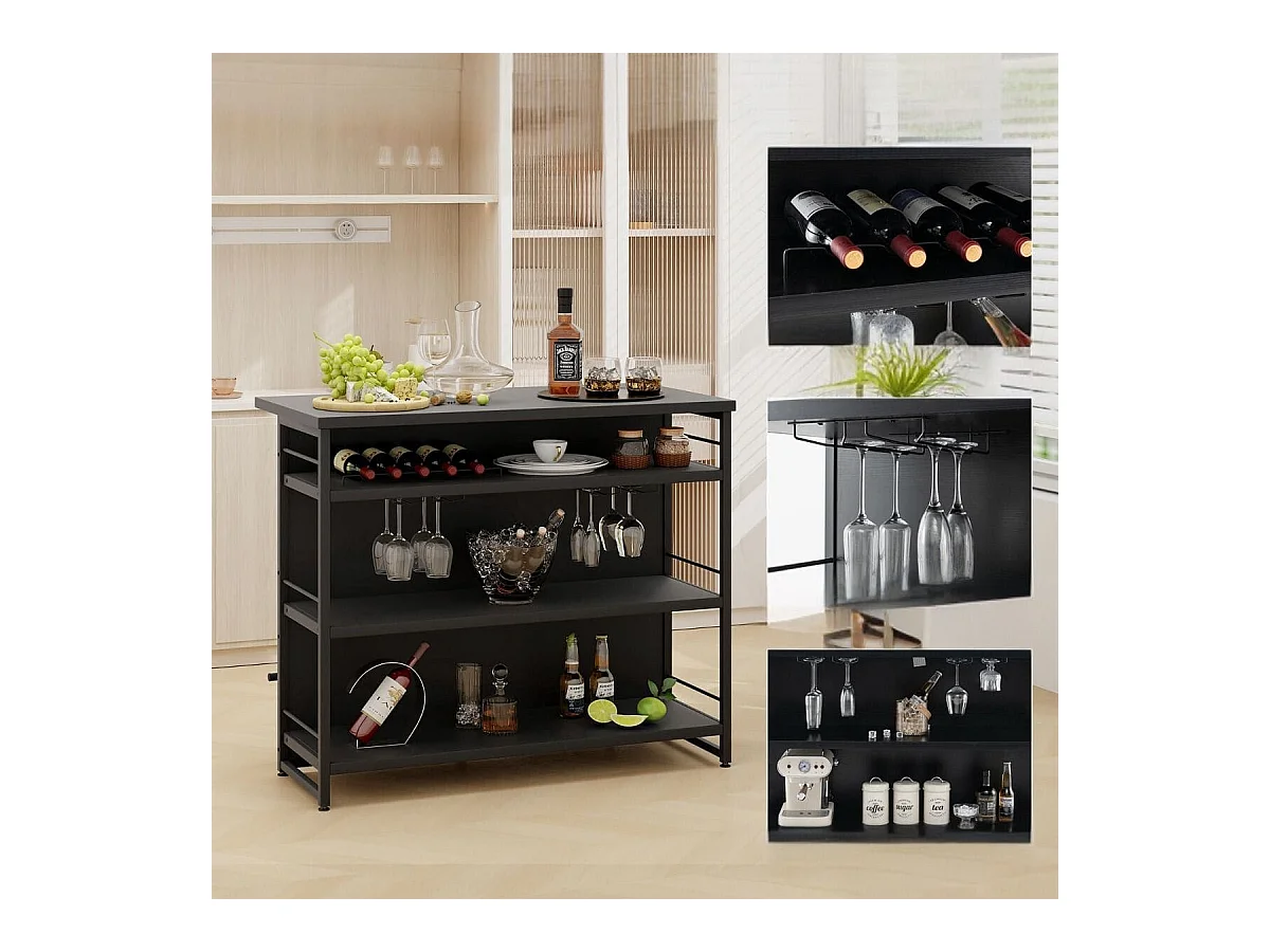 Isola cucina stile industriale con 3 ripiani aperti portabottiglie e porta calici, Mobile bar con poggiapiedi Nero