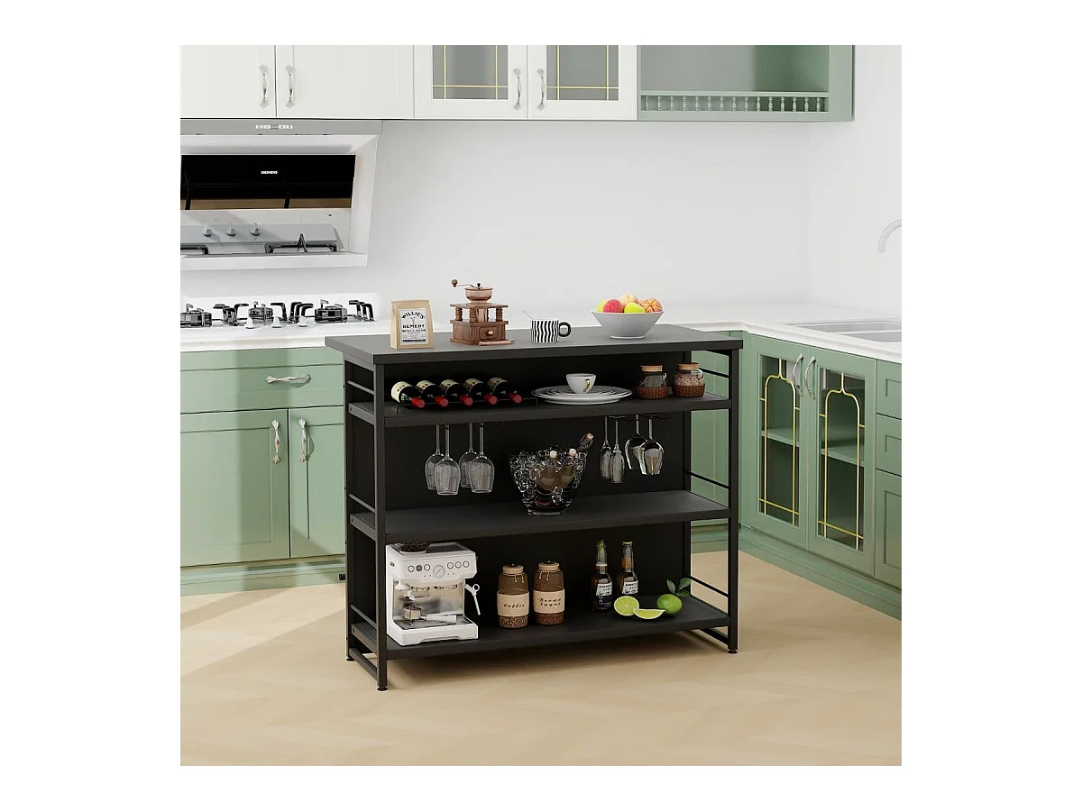 Isola cucina stile industriale con 3 ripiani aperti portabottiglie e porta calici, Mobile bar con poggiapiedi Nero