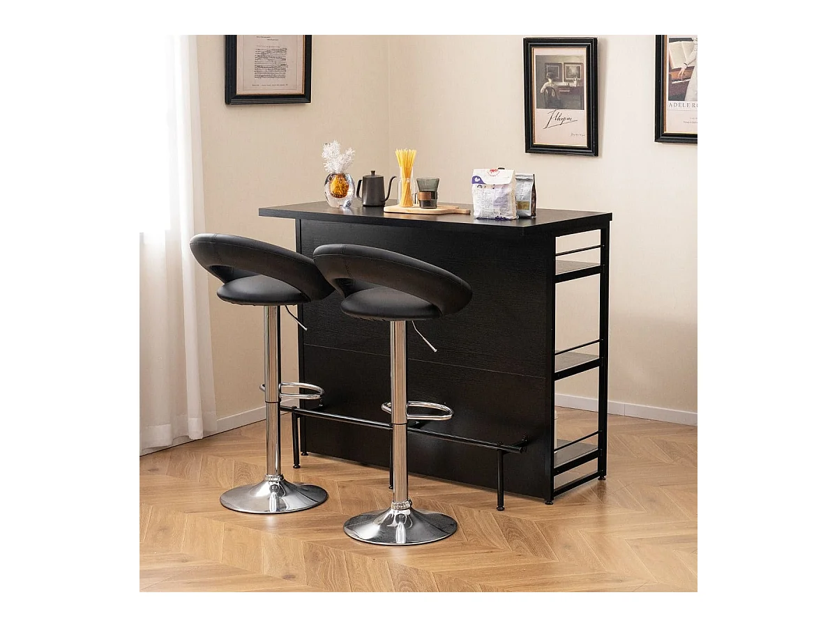 Isola cucina stile industriale con 3 ripiani aperti portabottiglie e porta calici, Mobile bar con poggiapiedi Nero