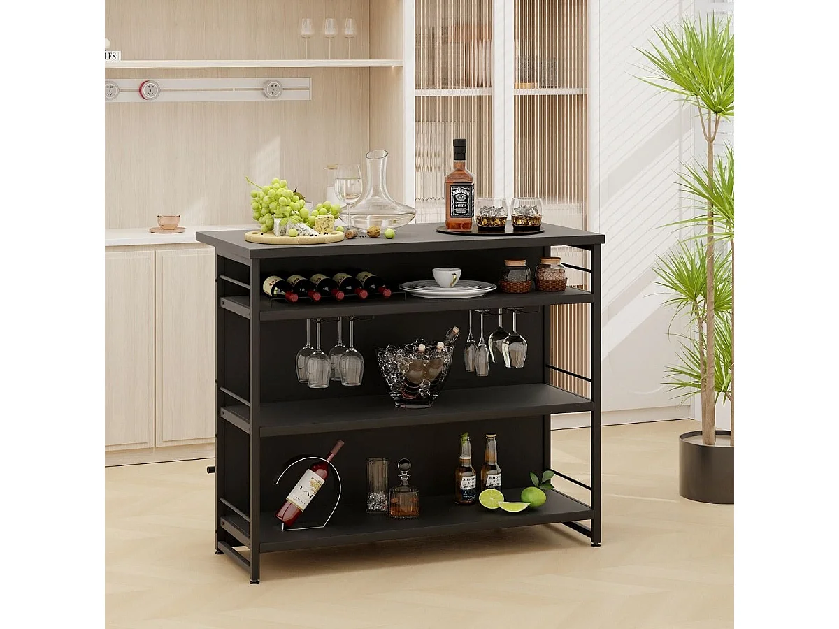 Isola cucina stile industriale con 3 ripiani aperti portabottiglie e porta calici, Mobile bar con poggiapiedi Nero
