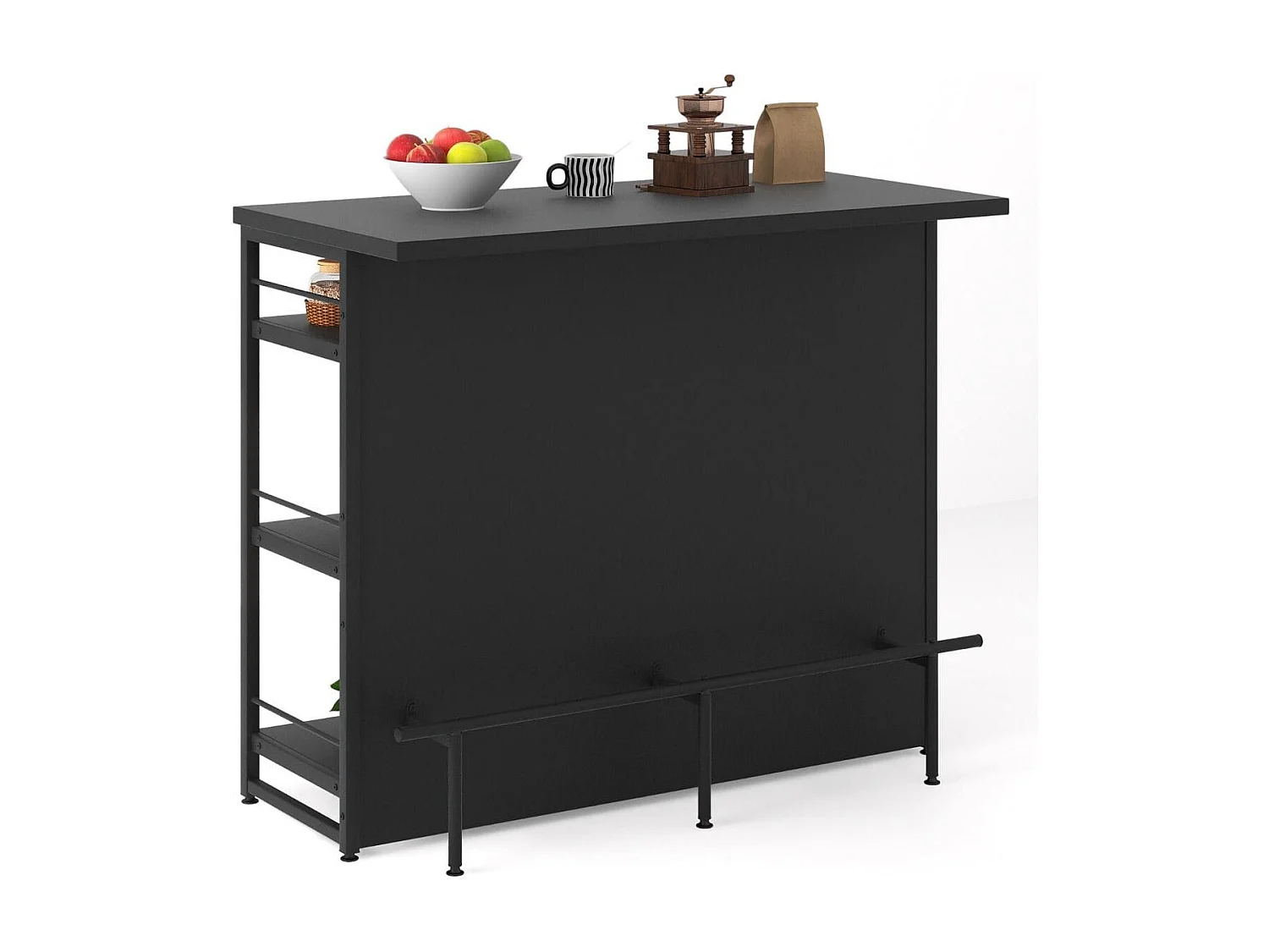 Isola cucina stile industriale con 3 ripiani aperti portabottiglie e porta calici, Mobile bar con poggiapiedi Nero