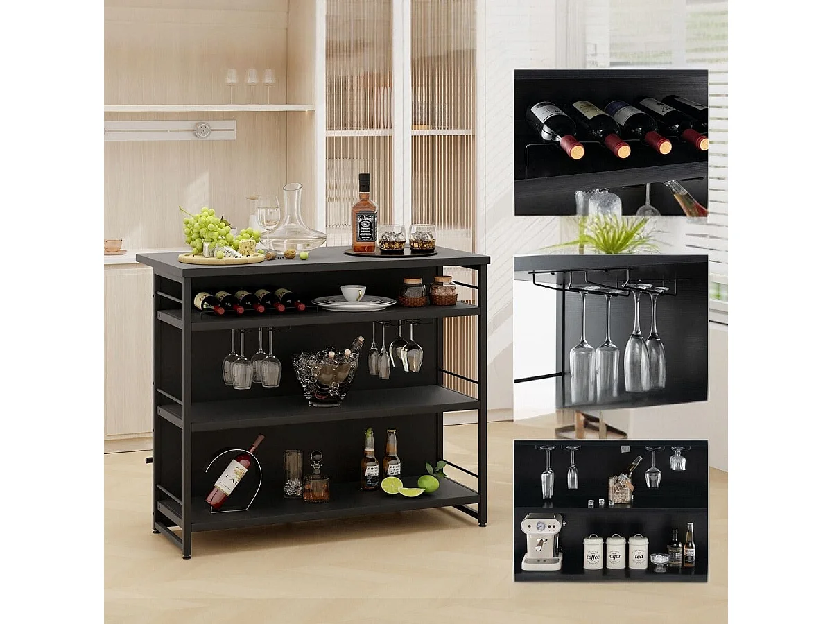 Isola cucina stile industriale con 3 ripiani aperti portabottiglie e porta calici, Mobile bar con poggiapiedi Nero