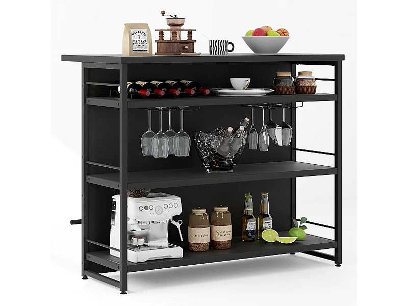 Isola cucina stile industriale con 3 ripiani aperti portabottiglie e porta calici, Mobile bar con poggiapiedi Nero