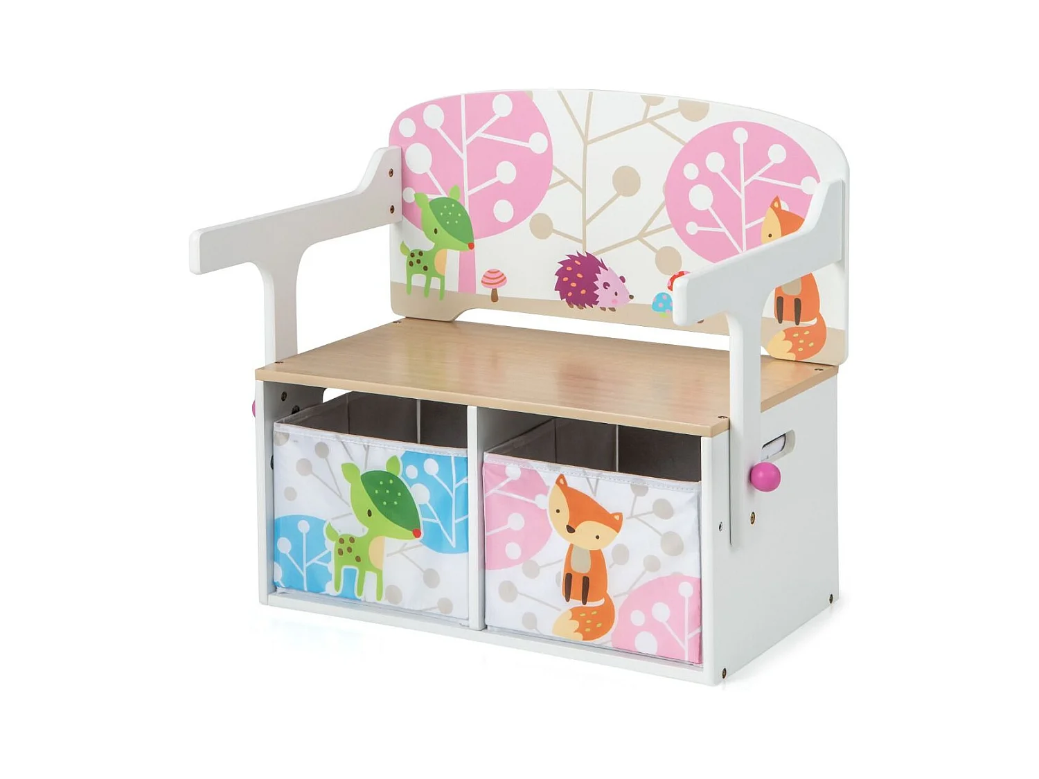 Panchina attività convertibile per bambini, Set tavolo e sedie per bambini con 2 cassetti in tessuto rimovibili Bianco