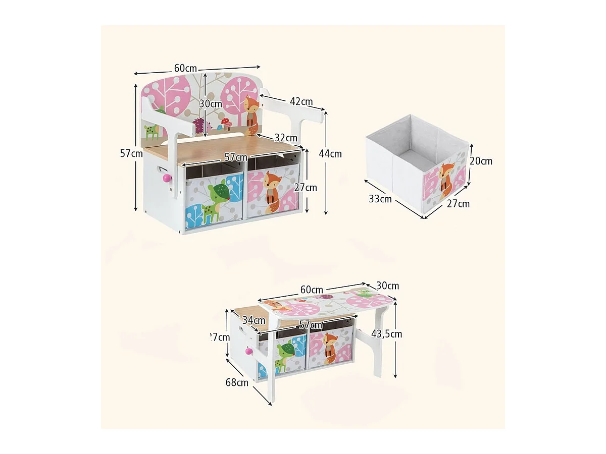 Panchina attività convertibile per bambini, Set tavolo e sedie per bambini con 2 cassetti in tessuto rimovibili Bianco